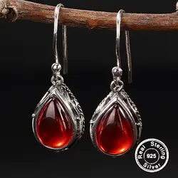 Не подделка S925 Fine Jewelry рубиновые серьги водослива teardrop ручной работы Винтаж Натуральный Сердолик ретро полу Ruby красная яшма