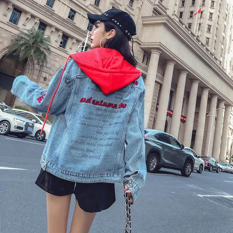 Весна Осень Свободная Женская куртка высокого качества вышивка Harajuku джинсовая куртка с капюшоном куртка Женская BF пальто, джинсовая куртка тренд для женщин
