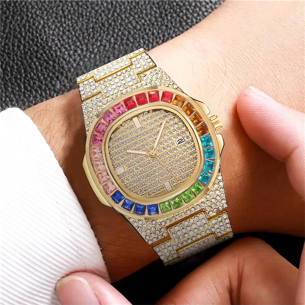 Luxury Iced Out Watches for Men Luxury Hiphop Rapper Gold Watch Men Colorful Rhinestone Quartz Wristwatch Relogio Masculino Gift