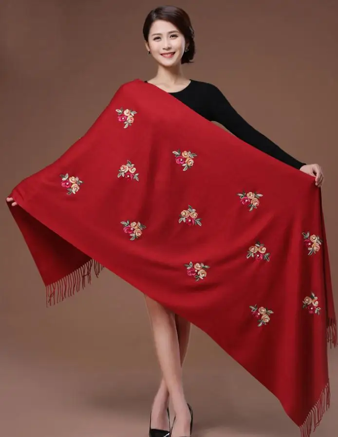 wine red Негабаритный Женский кашемировый вышитый цветок бисер пашмины длинный осенне-зимний шарф мягкое теплое пальто с кисточками Bufanda Mujer - Цвет: wine red