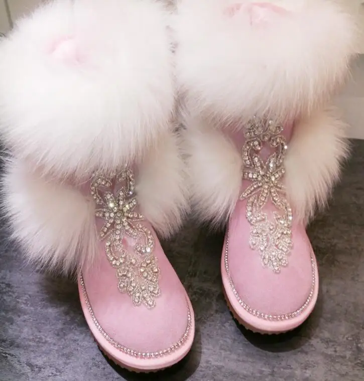 Розовые толстые негабаритных лисий мех зимние ботинки Rhinestone детей в трубке