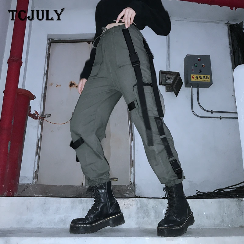 TCJULY Autumn New Arrival Streetwear Cotton Army Green Cargo Pants Women High Waist Drawstring Trousers Casual Jogger Pants