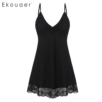 

Ekouaer Women Sexy Nightogwn Loungewear Sleepshirts Spaghetti Straps Sleeveless Lace Patchwork Sleepwear Night Dress