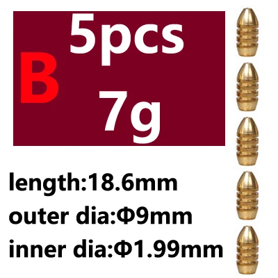 5pcs Saltwater Fishing Bullet Shape Copper Weights Metal Jig Head Deep Water Sinkers For Hook Lure Texas Rig Tackle Accessories - Цвет: 5pcs B type 7g