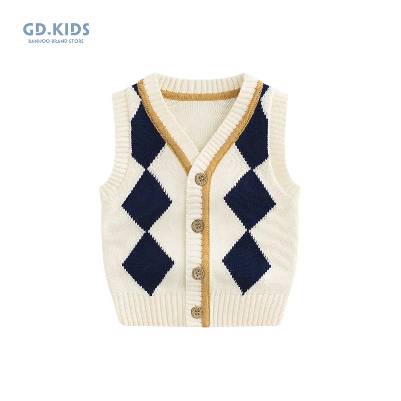 

TOPS College Waistcoat Thin Spring And Autumn BOY'S Baby Western Style Knitted Wind Yarn V-neck Convention Sweater Open