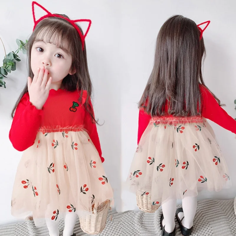 Spring Autumn New Infant Baby Girls Cotton Mesh Long Sleeve Dress Cute Cherry Pattern Solid Color Patchwork Comfortable | Детская одежда