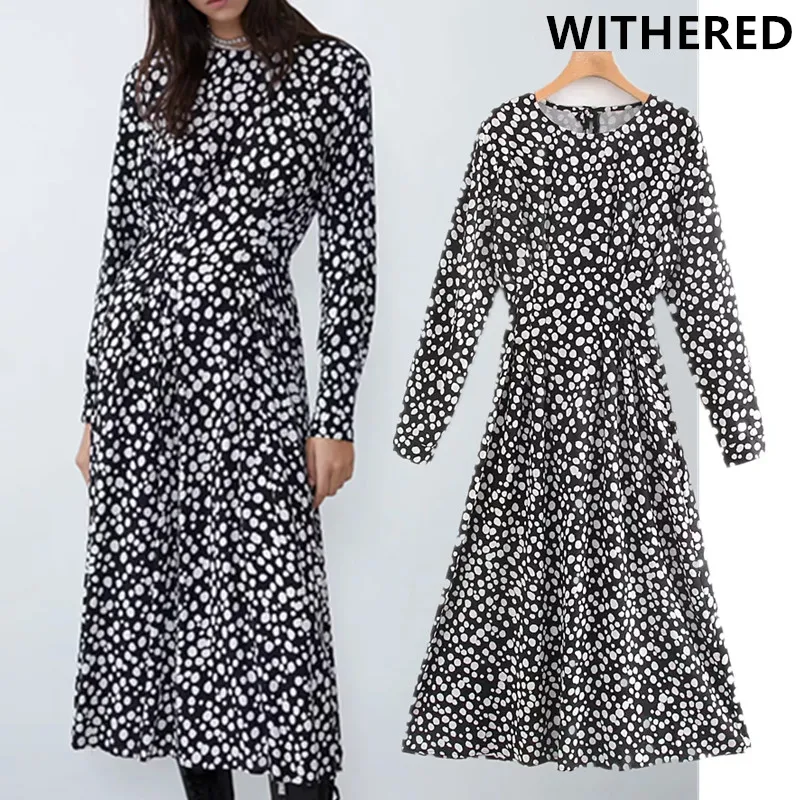

Withered england vintage polka dot printing o-neck loose midi dress women vestidos de fiesta de noche vestidos blazer maxi dress