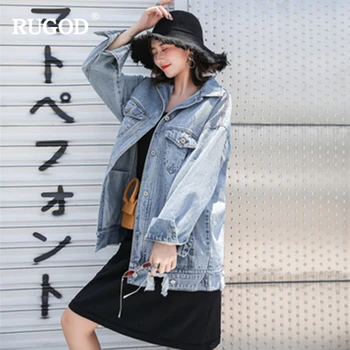 

RUGOD 2019 Autumn Women Classic Demin Jacket Frayed Loose Casual Female Coat High Street Boyfriend Style Korean Fashion Jacket
