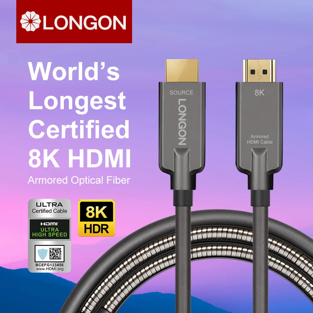 Армированный оптоволоконный кабель 8K LONGON сертифицированный HDMI2.1 4K120hz eARC HDR 144Hz