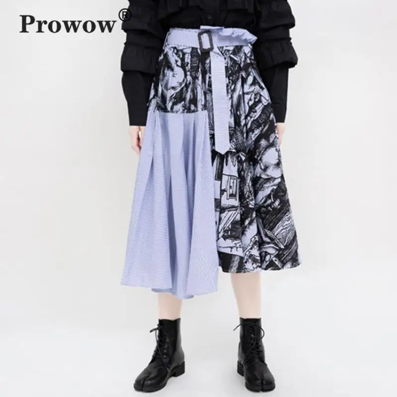 Prowow Асимметричная юбка Харадзюку С Цветочным и полосатым лоскутным поясом миди юбки Дамская Весенняя уличная юбка с принтом