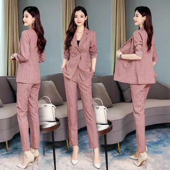 

Women's suit 2019 new autumn temperament lattice slim slimming casual wild fashion suit jacket two-piece women's clothing set
