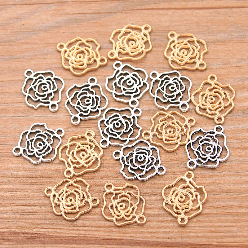 40PCS 2 Color 13*16mm KC Gold Paper Rose Charms Plant Connector Metal Alloy DIY Necklace Bracelet Handwork Marking Findings