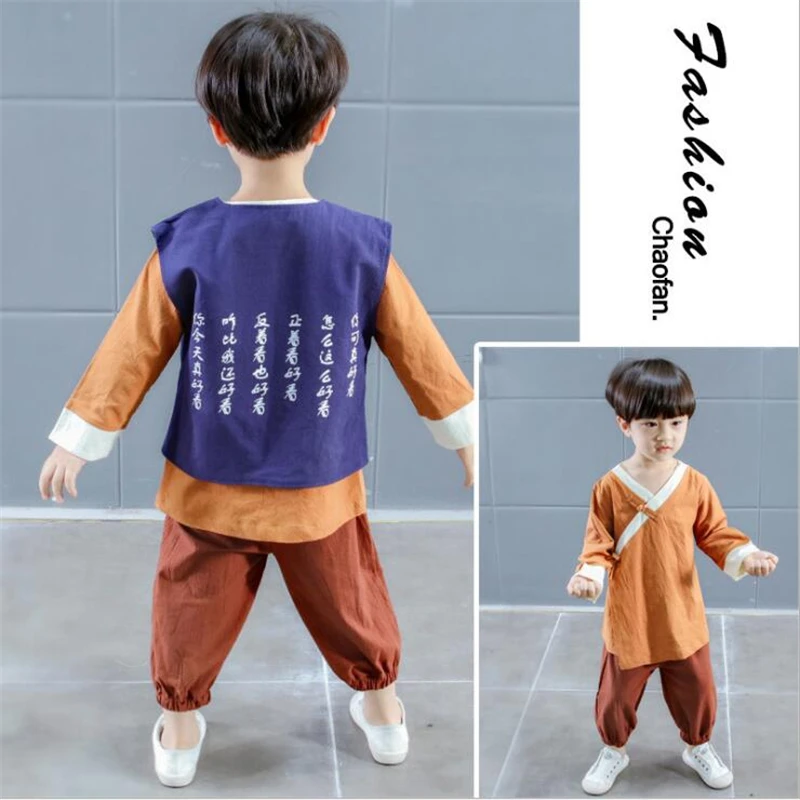 Vintage chinese national costume for kids 3 pieces baby hanfu boy outfit tang dynasty clothing kung