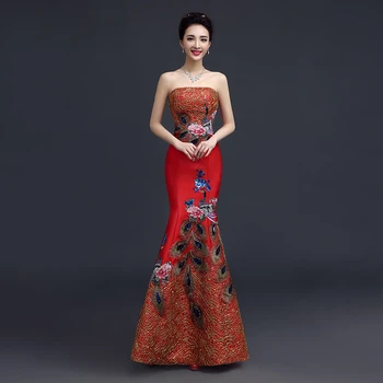 

Burgundy Peacock Appliques Wedding Party Dress Fishtail Slim Chinese Bride Wedding Dress Sexy Off Shoulder Evening Dress