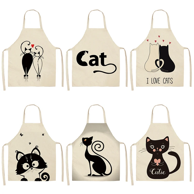 1Pcs Black White Cat Kitchen Aprons For Women Cotton Linen Bibs Household Cleaning Pinafore Home Cooking Apron 53*65cm WQL0123