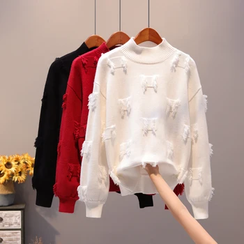 

Women Autumn Winter Fashion Brand Korea Style Tassels Patchwork Half Collar Knitting Office Lady Solid Color Casual Chic Sweater