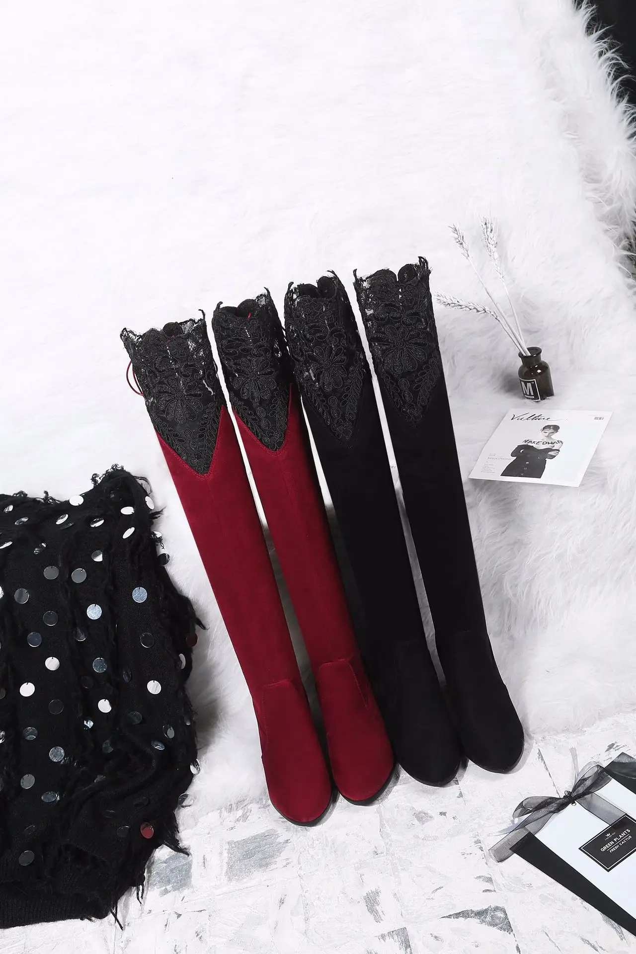 Новое поступление nueva moda salvaje de encaje Sobre las botas de la rodilla con botas de gamuza botas de mujer de gran tamamino