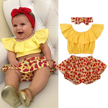 

Summer Holiday Baby Girls yellow Tops Short printed pants 3PSC Sunsuit Outfit