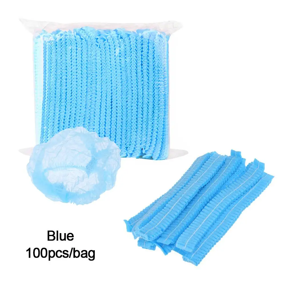 Blue 100pcs/pack Disposable Shower Cap Adjustable Bathing Beanie Non-woven Hairdressing Hat Waterproof Shower Hat - Color: Blue