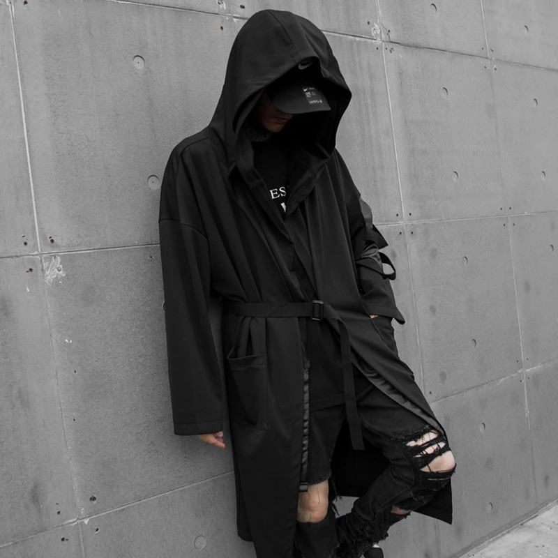 Men's sleeve ripped hole long trench coat hooded cloak man vintage punk hip hop cardigan oversized hoodie drop shipping