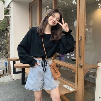 

Make firm offers! Draw string bow show thin square collar design loose black fungus side short shirt