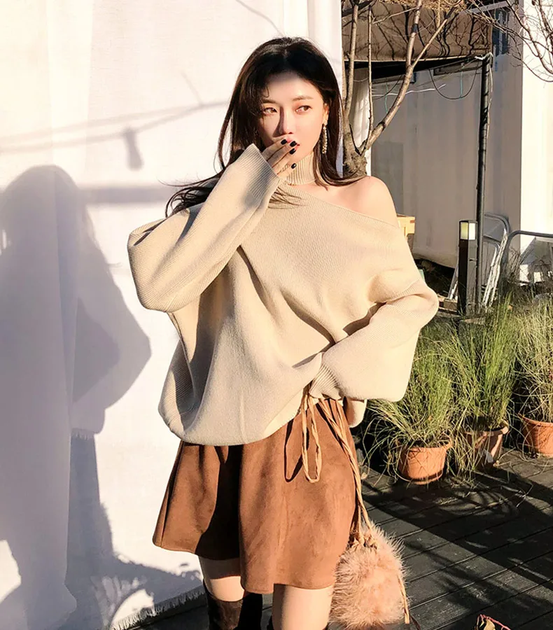 Autumn New Women's Hanging Neck Pullovers Sweater Knitting Bare Shoulder Irregular Fashion Casual Elegant Tops T98323D