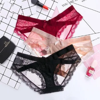 

YLLMHH Sexy Lace Trim Seamless Low-waist Briefs Women's Mesh Gauze Buttocksh Breathable Cotton Pants 4-piece Set of Hot