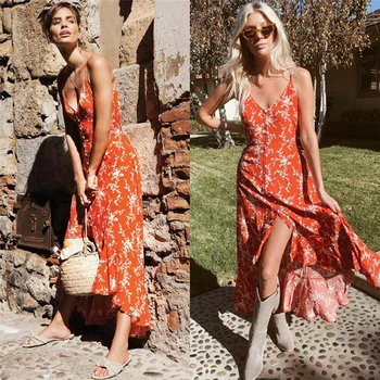 

Summer Women's Boho Beach Dress Sleeveless Evening Party Women Floral V Neck Casual Loose Strappy Ruffle Dress Vestidos
