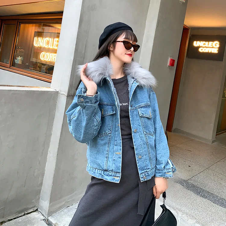 

Winter Clothes Loose-Fit 2019 Winter New Style Online Celebrity Brushed And Thick Fur Collar Jeans Coat Women's Short