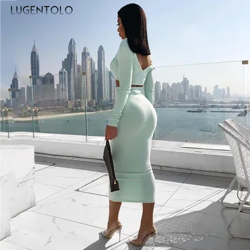 

Lugentolo Women Two Piece Outfits Autumn Winter Long-sleeved V-neck Solid Color Slim Sexy Casual Elastic Waist Women Outfits