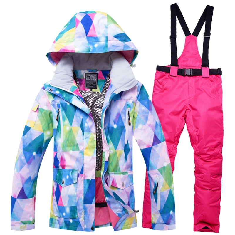 Женский зимний костюм, куртка+ штаны на бретелях, спортивная одежда для улицы, сноубординг, одежда, водонепроницаемый ветрозащитный зимний костюм, лыжная одежда - Color: Pic Jacket and pant