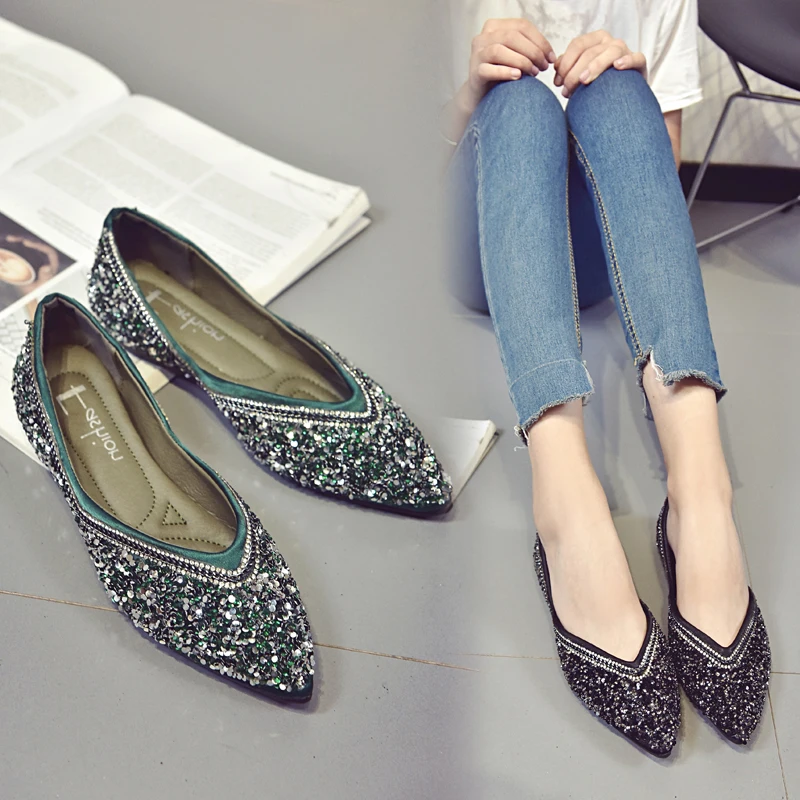 rhinestones women casual shoes fashion shiny ladies dress footwear pointed slip on female ballet flats mixed colors moccasins (48)