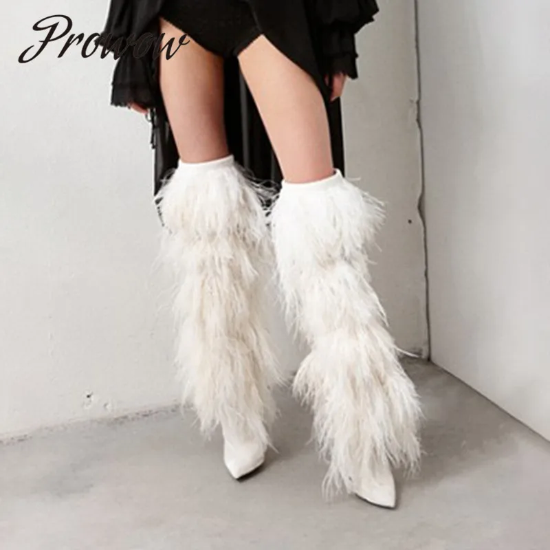 

Prowow New Black White Sexy Pointed Toe Autumn Winter Boots Gladiator Fringe Over The Knee HIgh Thigh High Boots HIgh Heel Boots