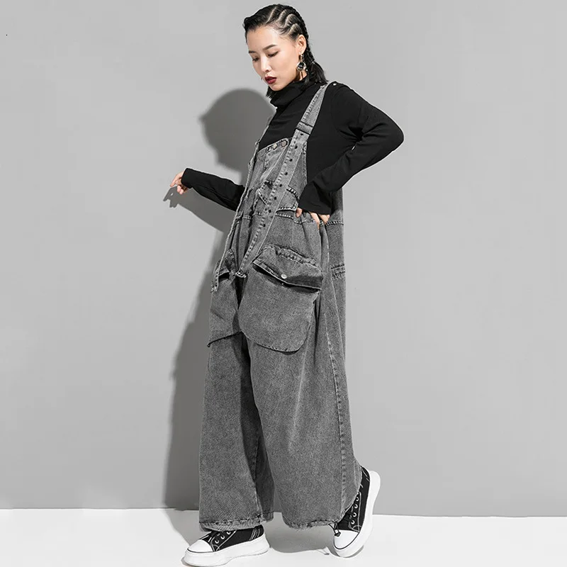 [EAM] High Waist Black Pocket Split Denim Overalls Trousers New Loose Fit Pants Women Fashion Tide Spring Autumn 1K164