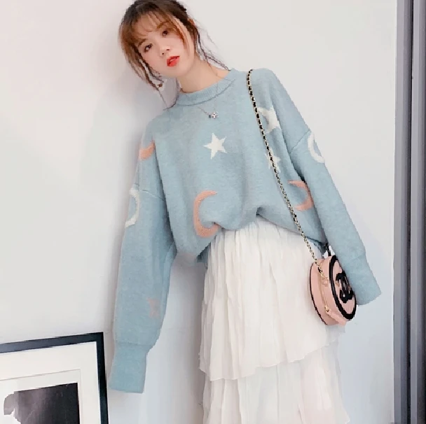 Stars Loose Female Autumn Clothes Korean Sweaters For Women'S Pulovers 2020 Winter Sweater Long Sleeve Top F0901 | Женская одежда
