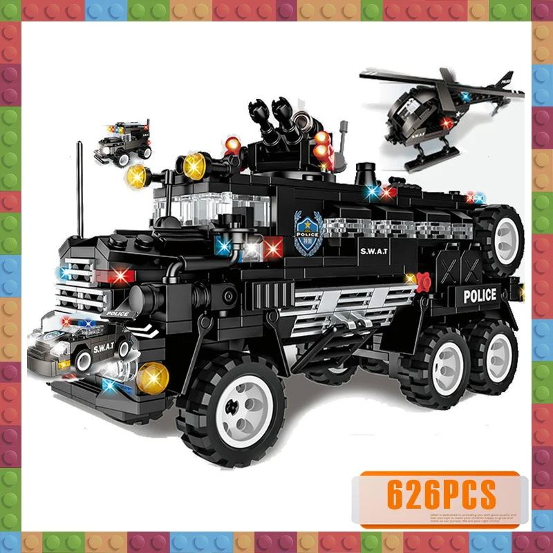 

626pcs Children's educational building blocks toy Compatible Legoings city SWAT team 6-in-1 armed combat command vehicle Bricks