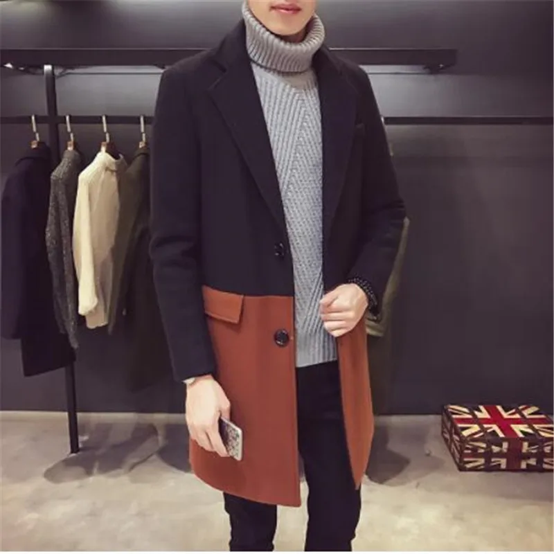 Лоскутное шерстяное пальто, Тренч средней длины, Мужское пальто Chaqueta Invierno Hombre, контрастный Тренч, Дизайнерская верхняя одежда, вечерние, Клубные