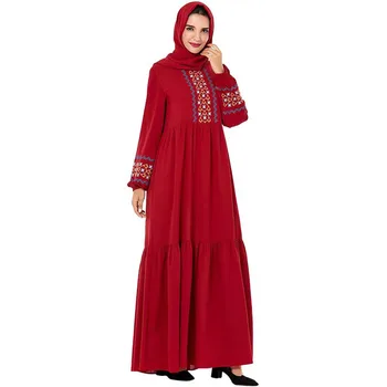 

2020 New Women Comfortable Plus Size Elegant Arabian Women's Long Robes Embroidered Casual Long Red Dress (without Headscarf)