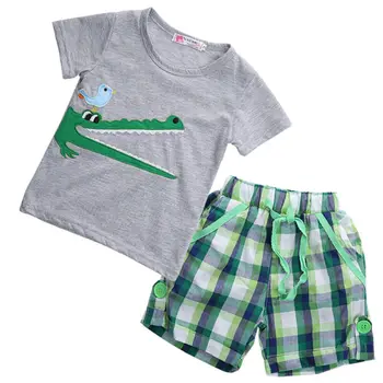 安い 夏の幼児の男の子カジュアル Cartton ワニのパターン半袖 Tシャツチェック柄ショートパンツパンツ服セット服