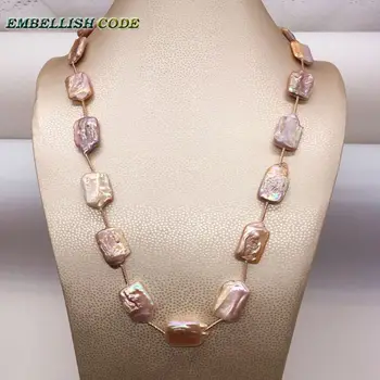 

60cm/24inch +5cm Extended Chian Necktie Long Necklace Peach Purple Block Rectangle Shape Pearls With Red Golden Tube For Sweater