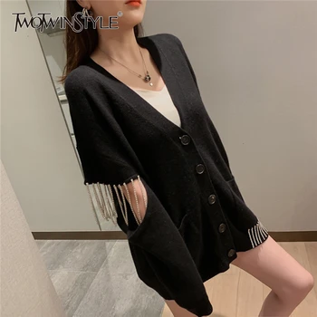 

TWOTWINSTYLE Patchwork Tassel Womens Sweater V Neck Long Sleeve Pocket Hollow Out Korean Female Cardigan 2020 Autumn Fashion New
