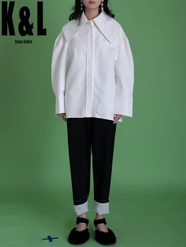 

Generous collar contour shirt jacket 2020 autumn new unique design loose lapel long sleeve jacket female black white 2 colors