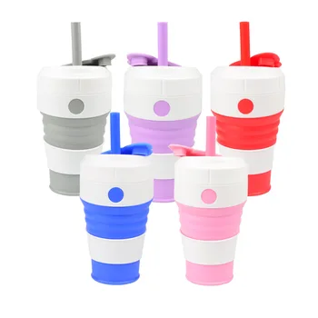 

450ml Portable Silicone Folding Water Bottle Candy Silicone Traveling Foldable Kettle with Silicone Straw