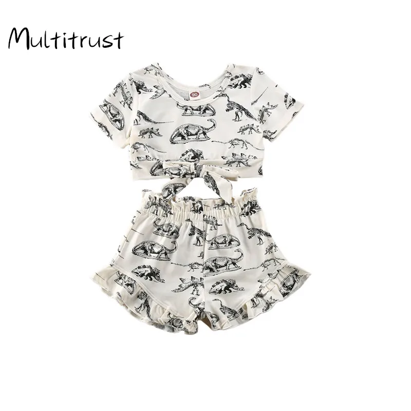 

2pcs Summer Short Sleeve Dinosaur Set Round Neck Top Shorts White Cotton Clothing Outfits Toddler Kids Baby Girls Clothes Set