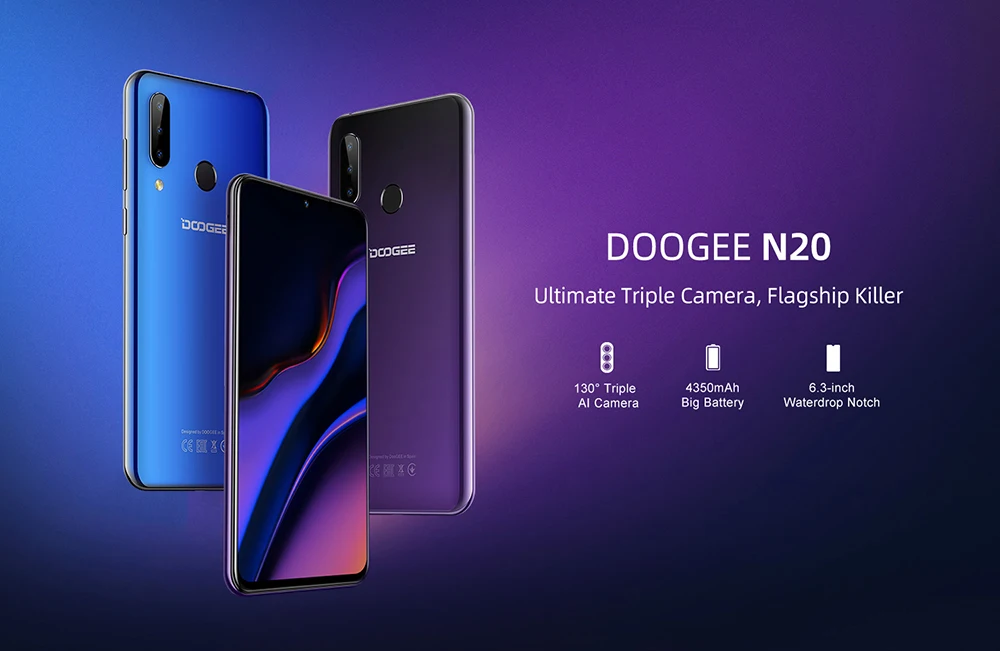 DOOGEE N20 64 ГБ 4 ГБ MT6763 Восьмиядерный мобильный телефон, отпечаток пальца, 6,3 дюймов, FHD+ дисплей, 16 МП, тройная задняя камера, 4350 мАч, мобильный телефон LTE