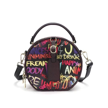 

Black Graffiti Round Saddle Bags For Women 2020 New Trend Designer Rainbow Color Crossbody Shoulder Bags Female Wholesales Bags