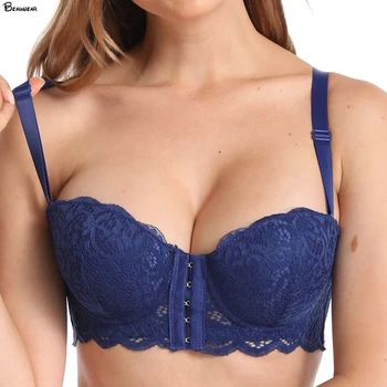 

Beauwear Half Cup Plunge Bras Sexy Push Up Brassieres No-Padding Women V-Shaped Back Underwear Plus Size 80 85 90 95 100 C Bras