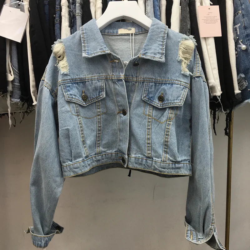 

2019 Autumn New Style Versatile with Holes Female Jeans Coat Short Paragraph High-waisted Long Sleeve Loose-Fit Jacket Women's F