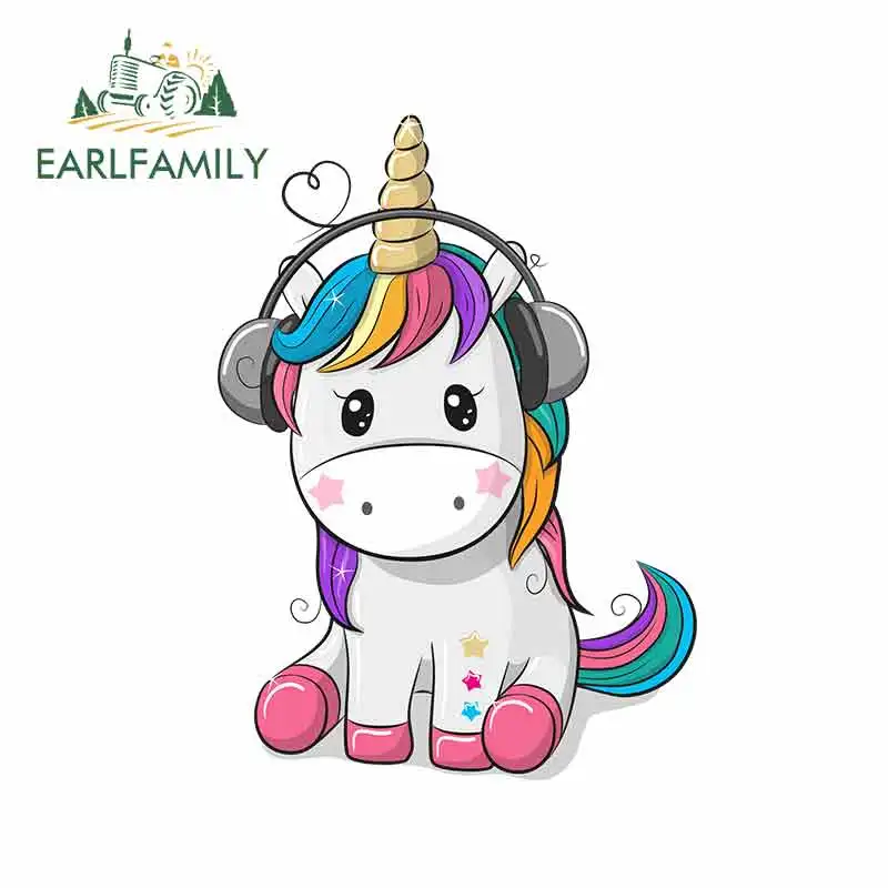 

EARLFAMILY 13cm x 9.5cm for Cute Unicorn Listening To Music Car Stickers DIY Stickers Car Accessories Personality Creative Decal