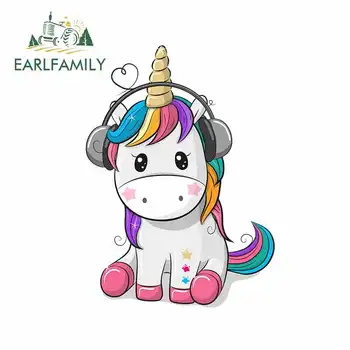 

EARLFAMILY 13cm x 9.5cm for Cute Unicorn Listening To Music Car Stickers DIY Stickers Car Accessories Personality Creative Decal